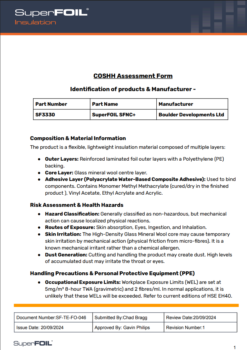 SuperFOIL SFNC+ | COSHH Assessment Form